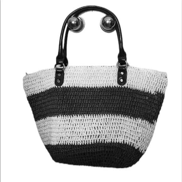 Adrienne Vittadini Nautical Black White Straw Summer Tote Bag - Picture 4 of 16